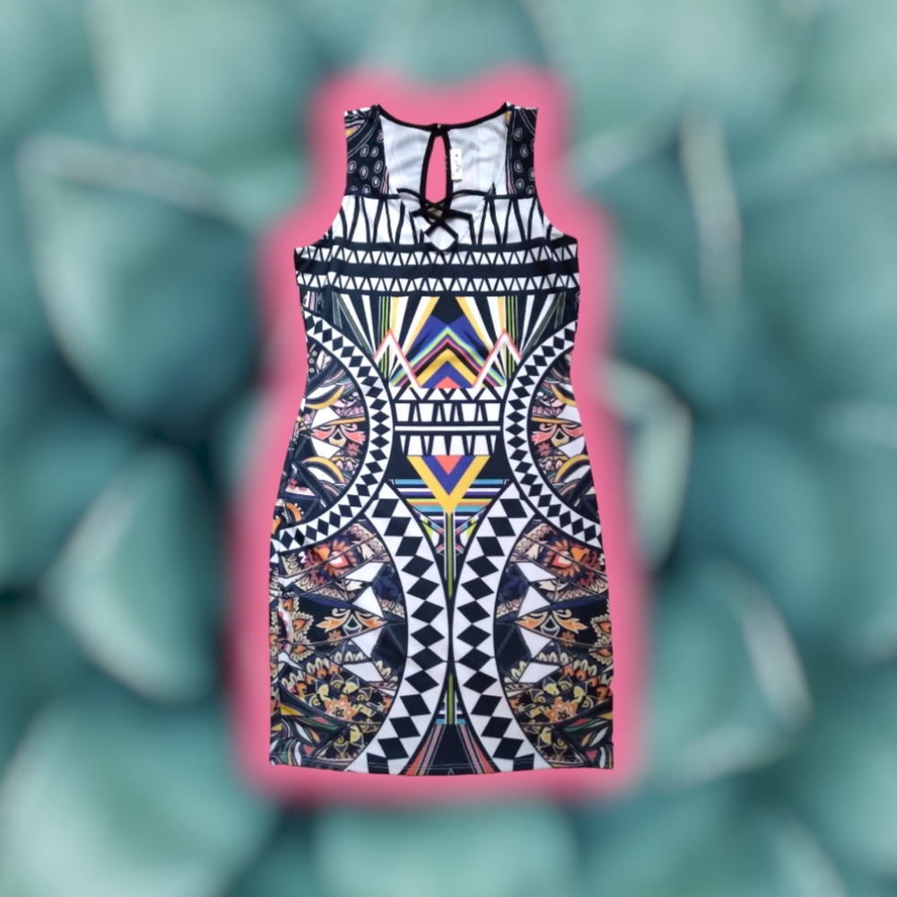 Y2K Bodycon Geometric/Azteca Mini Dress by Love J. Multicolored Size M